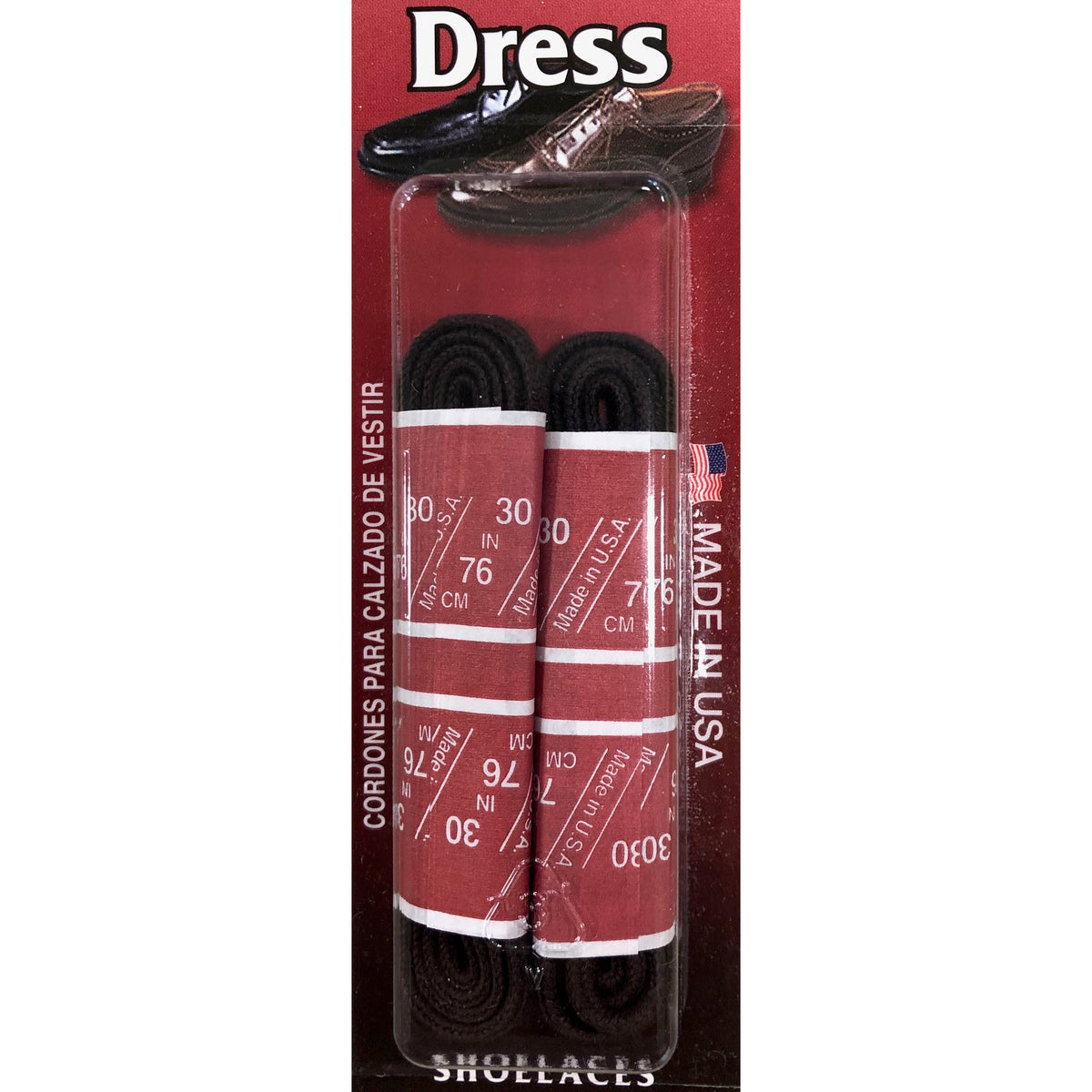 A pack of FRANKFORD LEATHER 30 IN ROUND DRESS BLACK labeled as made in the USA by F.L. Inc. The packaging features a picture of dress shoes and text in English and Spanish, perfect for replacement laces.