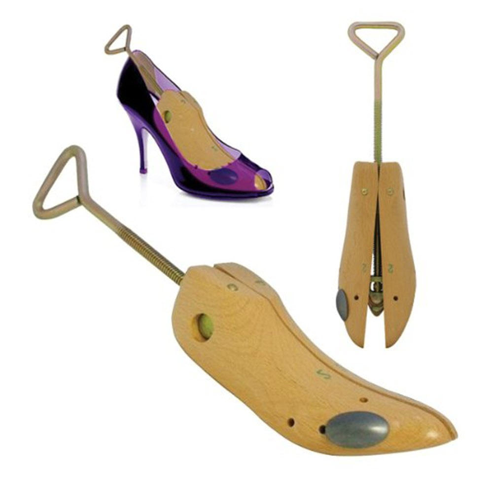 A **F.L. Inc FRANKFORD LEATHER WOMENS 1 PROFESSIONAL STRETCHER** with a handle, shown alongside a high-heeled shoe, featuring bunion plugs for added comfort.