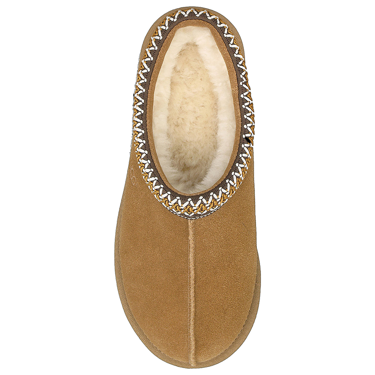 A tan-colored, slip-on slipper with a fuzzy sheepskin lining and decorative stitching around the opening, viewed from above. This UGG TASMAN CHESTNUT - WOMENS model features Treadlite by UGG™ for added comfort and durability.