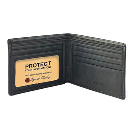 The OSGOODE MARLEY RFID CARD CASE BRANDY by Osgoode Marley is an open, brandy-colored wallet made from genuine cowhide leather, featuring multiple card slots, an identification window, and a card that promotes its RFID signal blocking capabilities for enhanced identity theft protection.