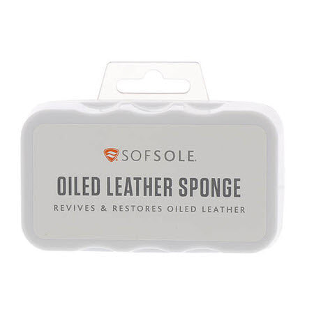 A white plastic rectangular container labeled &quot;SOF SOLE OILED LEATHER SPONGE&quot; designed to revive and restore oiled leather shoes is pictured.