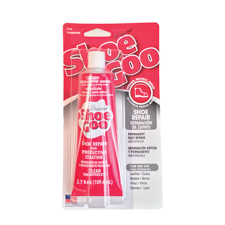 A tube of Shoe Goo SHOE GOO CLEAR in a red and white package claims to provide permanent, fast repair with strong abrasion resistance. The packaging includes multiple languages, including English and Spanish.