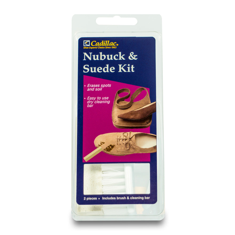 A packaged **CADILLAC SUEDE & NUBUCK KIT**, featuring a brush and cleaning bar. The packaging highlights its use for erasing spots and soil from nubuck and suede materials, making it an essential shoe-care kit by **F.L. Inc**.