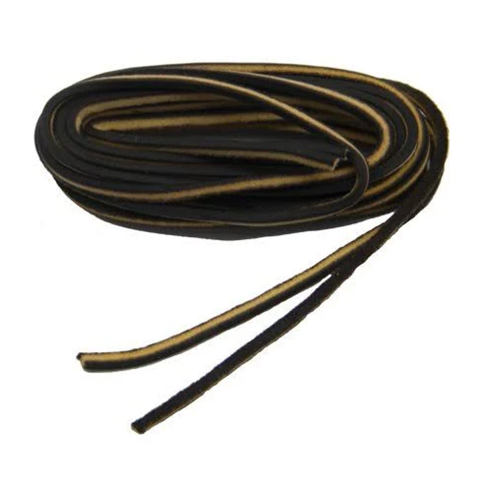 A black and yellow F.L. Inc FRANKFORD LEATHER COUGAR LEATHER LACES CHOCOLATE 72&quot; coiled neatly on a white background.