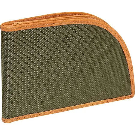 A green fabric FRONT POCKET BALLISTIC NYLON WALLET with orange leather trim and stitching along the edges, crafted from RFID-blocking ballistic nylon, shown on a white background.