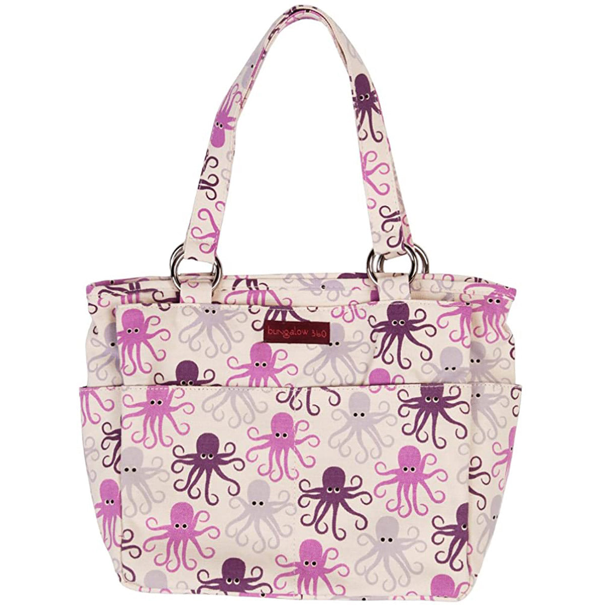 A white tote bag made from natural cotton canvas, adorned with purple and pink octopus patterns, featuring double handles and front pockets. This versatile BUNGALOW 360 POCKET BAG OCTOPUS is perfect as an everyday purse.