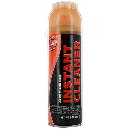 A SOF SOLE INSTANT CLEANER 9 OZ CAN by Sof Sole has a distinct black and red label, includes a safety caution below, and is equipped with a spray nozzle on top to effectively tackle tough dirt and stains on athletic shoes.