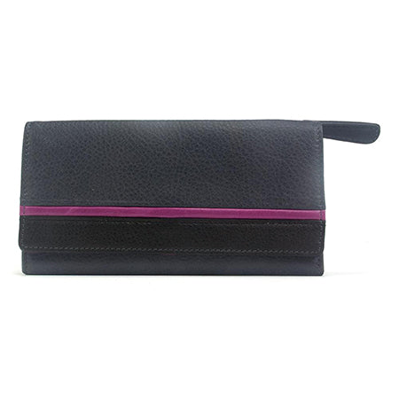 A genuine cowhide leather clutch wallet with a purple horizontal stripe near the bottom, featuring a wrist strap on the right side. This stylish piece also offers identity theft protection with advanced RFID card case technology. Introducing the Osgoode Marley RFID CARD CASE WALLET 1406.