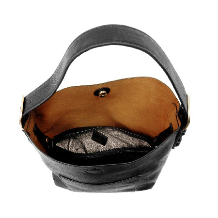 Top view of an open black JOY SUSAN CLASSIC HOBO BLACK shoulder bag made from vegan leather by Joy Susan, showing a tan interior, internal pocket with zipper, and snap closure.