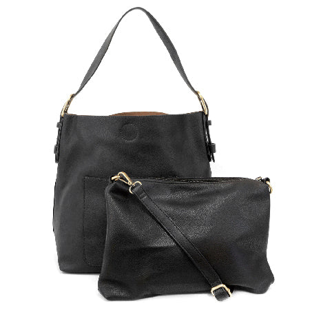 Image of a Joy Susan JOY SUSAN CLASSIC HOBO BLACK and a matching smaller crossbody bag with gold buckle accents and magnetic snap top closures.