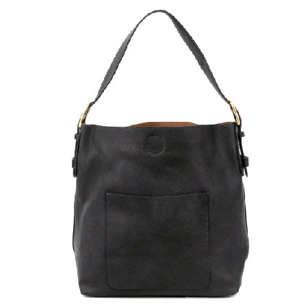 A JOY SUSAN CLASSIC HOBO BLACK by Joy Susan, featuring a single handle, a magnetic snap top closure, and an exterior pocket on the front.