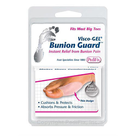 Packaging of PEDIFIX BUNION GUARD from Pedifix Inc, designed for cushioning, protecting, and providing instant relief from bunion pain. The product packaging highlights its thin design and softening Gel shield.