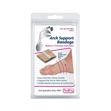 Packaging of PEDIFIX ARCH SUPPORT BANDAGE - One Size Fits Most from Pedifix Inc. The product claims to relieve seven common foot pains, eases heel pain caused by plantar fasciitis, and supports flat feet and fallen arches.