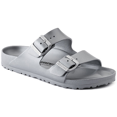 Birkenstock BIRKENSTOCK ARIZONA EVA METALLIC SILVER - WOMENS sandal with two adjustable buckle straps on an anatomically shaped footbed.