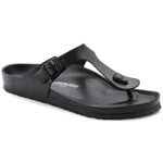 The Birkenstock BIRKENSTOCK GIZEH EVA BLACK - WOMENS is a black, open-toe design featuring a buckle strap and thong for the big toe. Made with waterproof EVA foam, it offers comfortable arch support for any adventure.