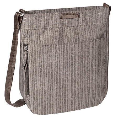 A gray, vertically striped shoulder bag with a roomy main compartment, a front pocket, toggle-locking zipper closure, and an adjustable brown strap: the JAUNT HK by Haiku.