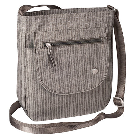 Gray JAUNT HK crossbody bag by Haiku with a vertical stripe pattern, front zip pocket, roomy compartment for travel essentials, and an adjustable strap featuring a toggle-locking zipper.