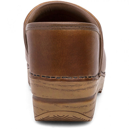 Rear view of a single Dansko Professional Honey Distressed - Womens full-grain leather clog with visible stitching and a wooden-look sole, offering all-day support.