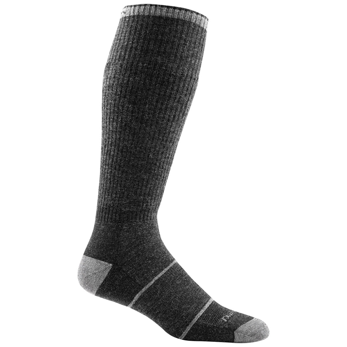 A single dark gray knee-high men&#39;s sock with lighter gray accents on the toe, heel, and top band. The DARN TOUGH PAUL BUNYAN GRAVEL - MENS from Darn Tough has a ribbed texture and offers a lifetime guarantee for durability.