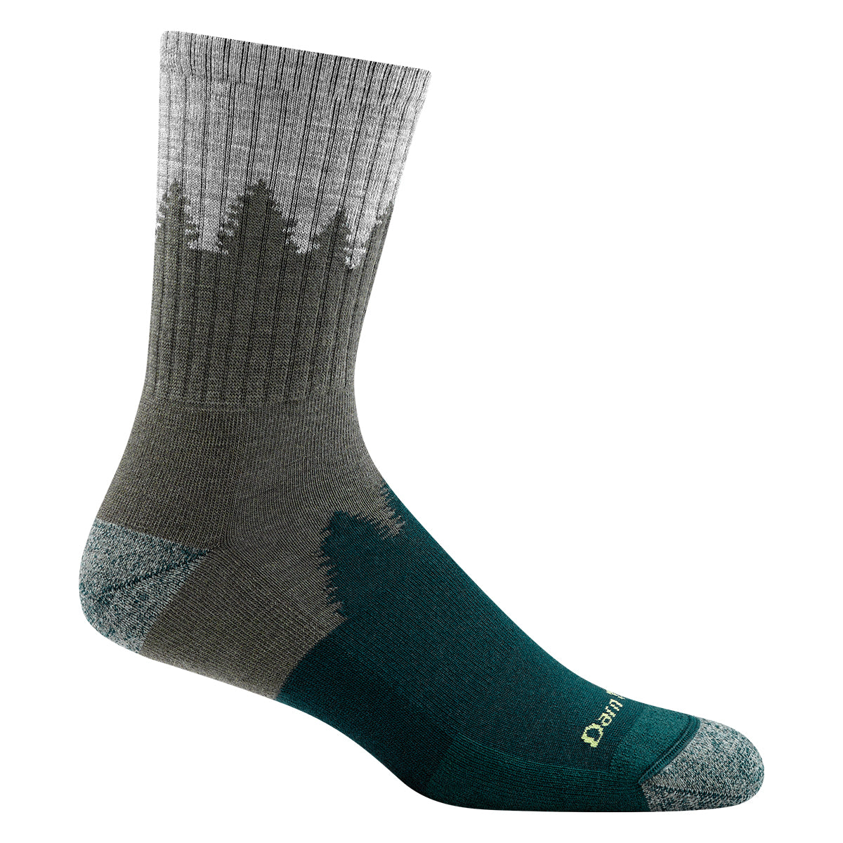 A single gray and teal hiking sock with tree patterns and reinforced toe and heel areas. Made from merino wool, this men's DARN TOUGH NUMBER 2 GREEN CREW is branded with "Darn Tough" text near the toe.