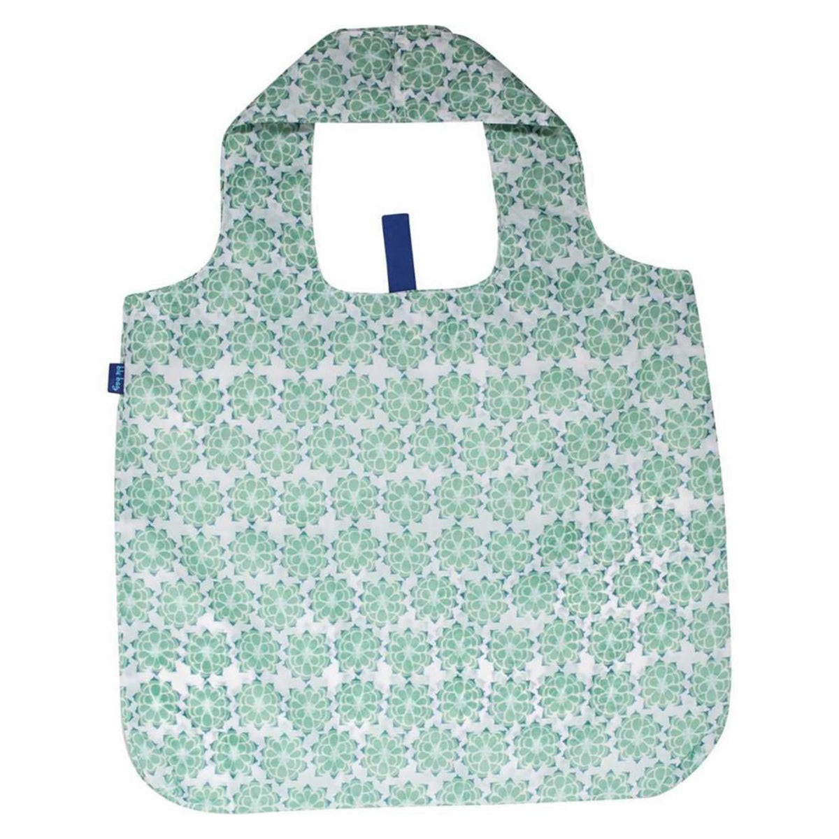 The Rockflowerpaper ROCKFLOWERPAPER BLUE BAG SUCCULENT GREEN is a reusable shopping bag with a green floral pattern, folded flat with a handle at the top and a blue tag on the side.