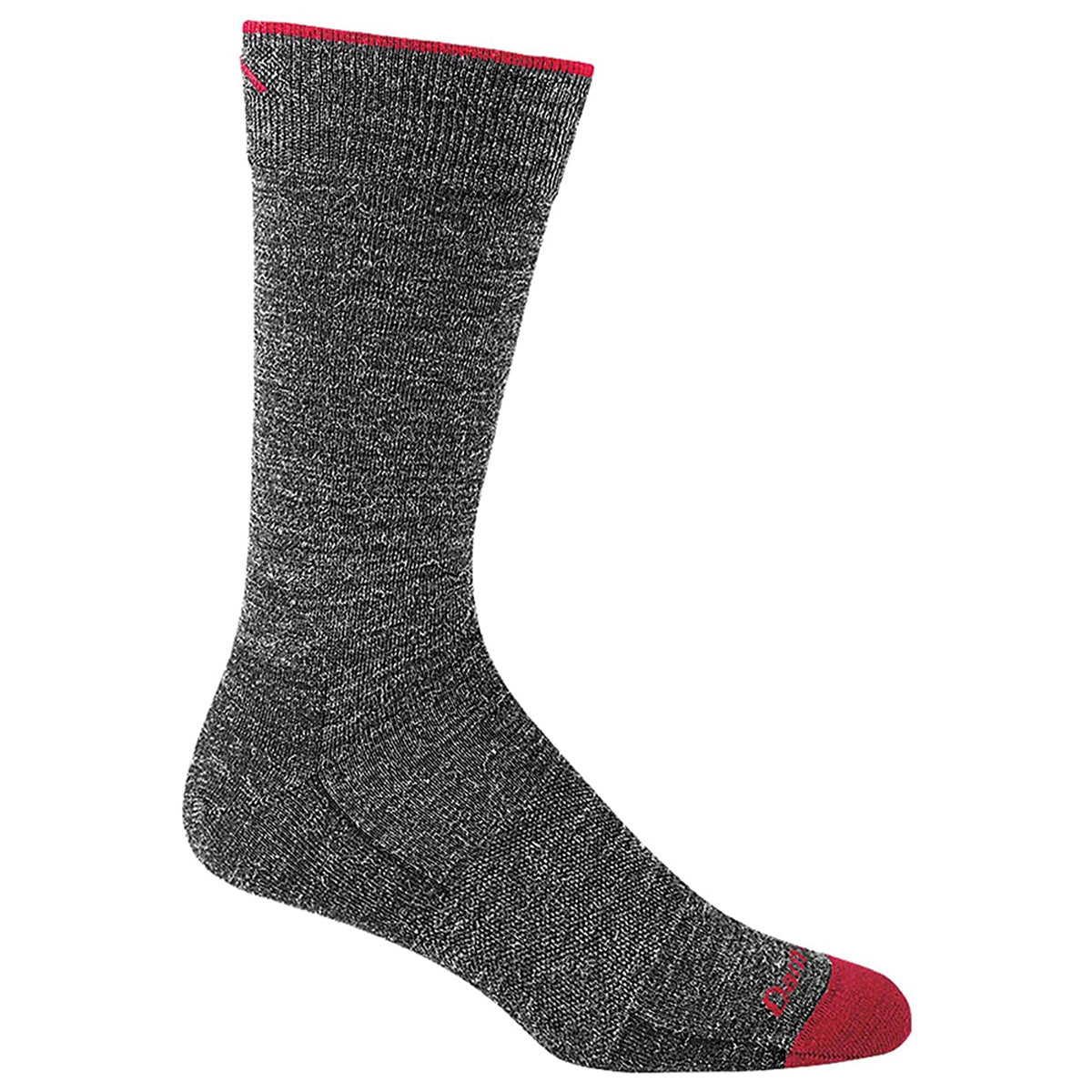 A single Darn Tough DARN TOUGH SOLID CREW SOCK LIGHTWEIGHT BLACK - MENS with a red toe and cuff, mid-calf length, made from soft merino wool with a ribbed texture.