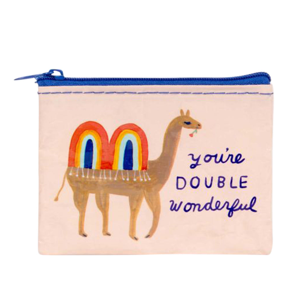 This small beige fabric change purse with a blue zipper features an illustration of a llama and the text &quot;you&#39;re DOUBLE wonderful,&quot; crafted from recycled materials, is the BLUE Q CHANGE PURSE DOUBLE WONDERFUL by Blue Q.