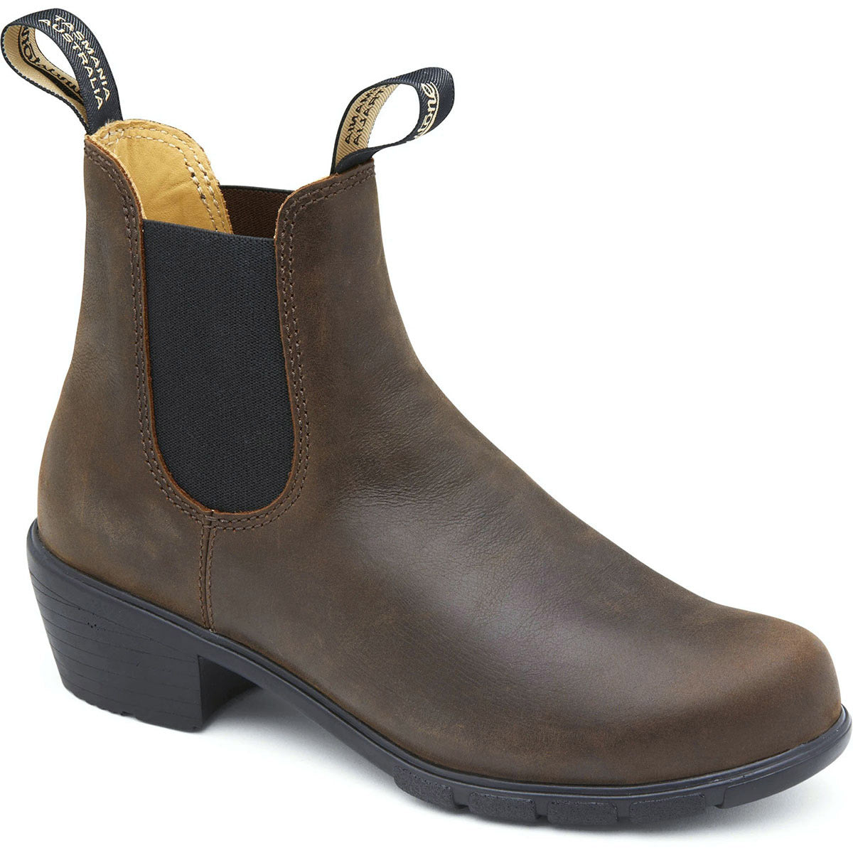 A brown leather ankle boot with a thick sole, black elastic side panels, and pull tabs on the front and back. The BLUNDSTONE 1673 HEEL ANTIQUE BROWN - WOMENS ankle boots by Blundstone are crafted from water-resistant leather, perfect for any weather.