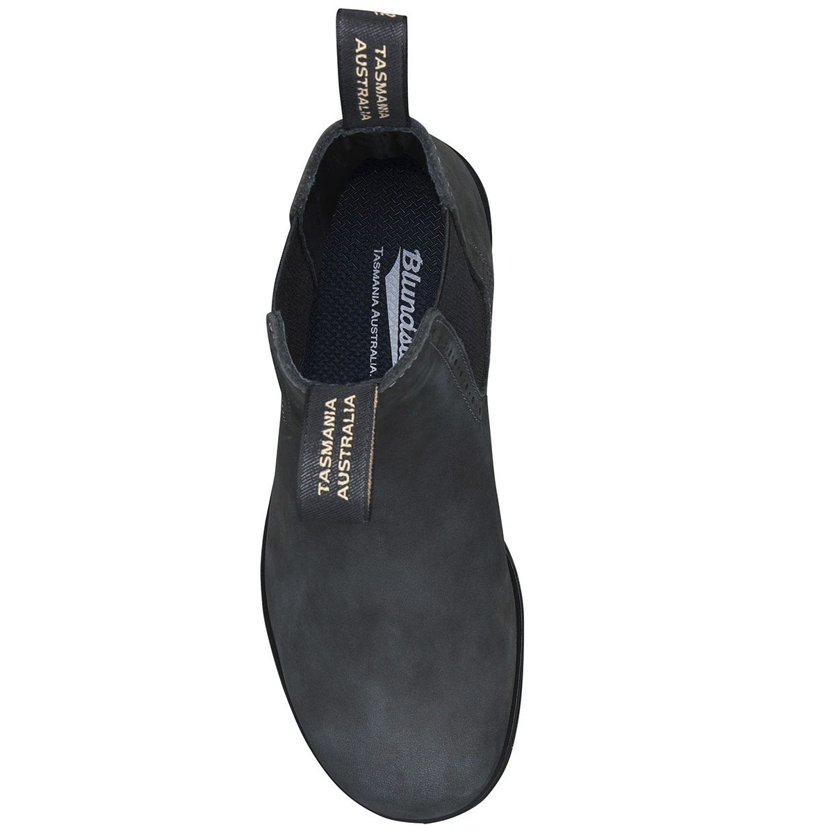 A single BLUNDSTONE 1630 HIGH TOP RUSTIC BLACK - WOMENS shoe with &quot;Tasmania Australia&quot; printed on the pull tabs and &quot;Blundstone&quot; on the insole, crafted from premium leather, featuring shock absorption technology for superior comfort.