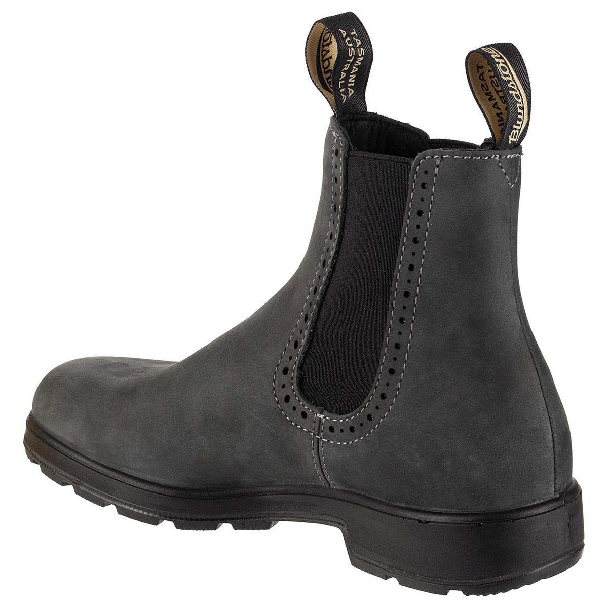 A Blundstone BLUNDSTONE 1630 HIGH TOP RUSTIC BLACK - WOMENS with pull tabs, elastic side panels, and a rugged sole made from premium leather, viewed from the back.