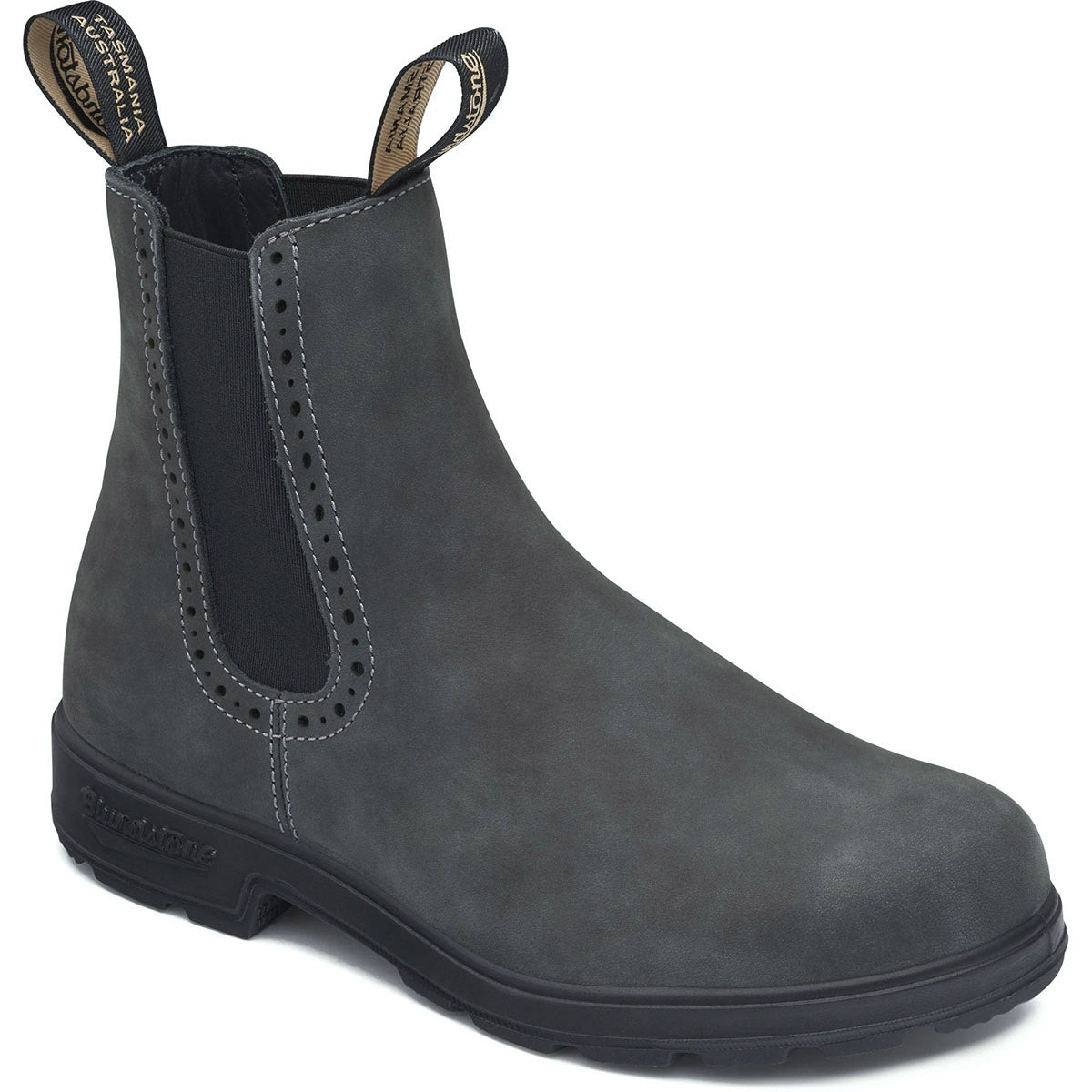 A single, dark gray BLUNDSTONE 1630 HIGH TOP RUSTIC BLACK - WOMENS boot crafted from premium leather features black elastic side panels and pull tabs emblazoned with the brand name &quot;Blundstone,&quot; offering both style and shock absorption for ultimate comfort.