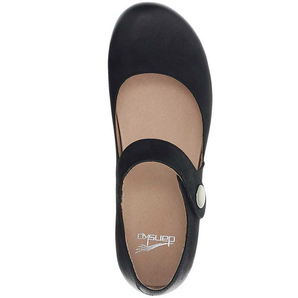 Top view of a single black Mary Jane women&#39;s shoe with a strap and a silver buckle, reminiscent of the stylish DANSKO BEATRICE BLACK BURNISHED - WOMENS by Dansko.