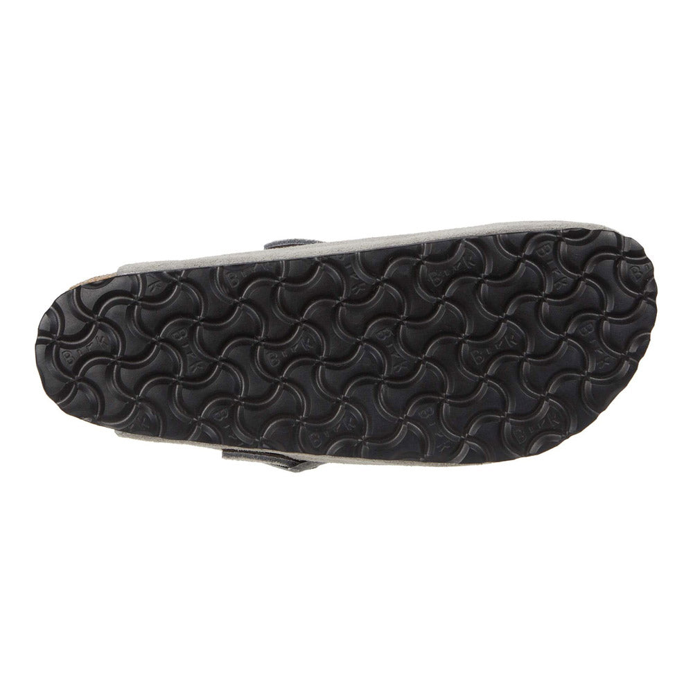 The image shows the bottom view of a black sandal sole with a swirl pattern design across the entire surface, hinting at the iconic Birkenstock BIRKENSTOCK BOSTON SHEARLING STONE COIN - WOMENS style.