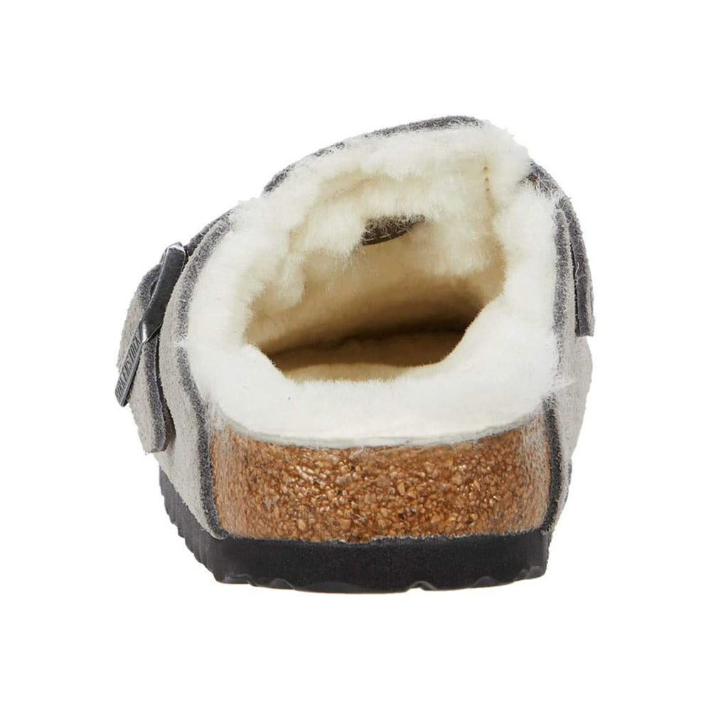 Rear view of a BIRKENSTOCK BOSTON SHEARLING STONE COIN - WOMENS by Birkenstock with a cork-latex footbed and a dark rubber outsole.