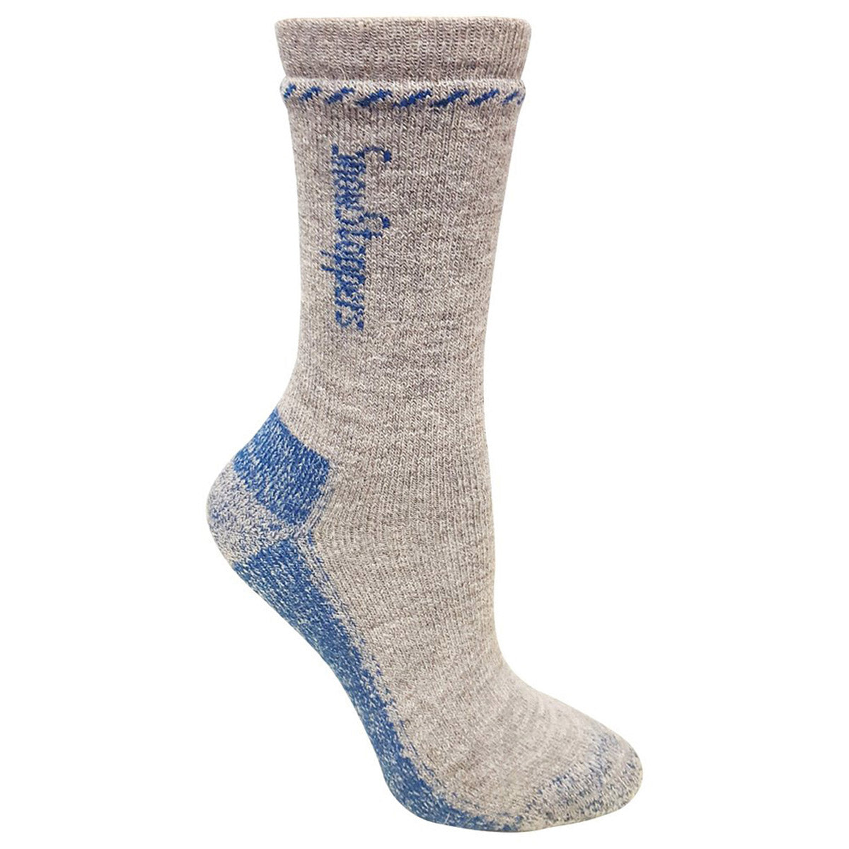 Gray and blue **SNOWSTOPPERS KIDS ALPACA SOCK GREY/BLUE - KIDS** featuring cushioning in the sole and heel, blue decorative stitching near the cuff, and made with antimicrobial Peruvian alpaca wool for added comfort by **Canadiansox**.