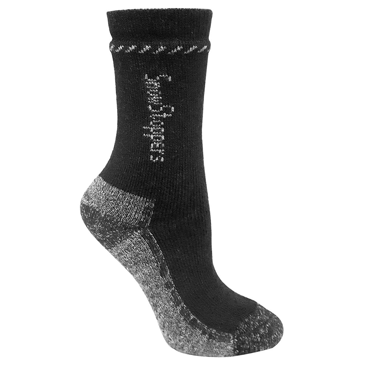 A single black and gray SNOWSTOPPER ALPACA SOCK BLACK/GREY - KIDS crafted from Peruvian alpaca wool, by Canadiansox, featuring a textured pattern and ribbed cuff with antimicrobial properties.