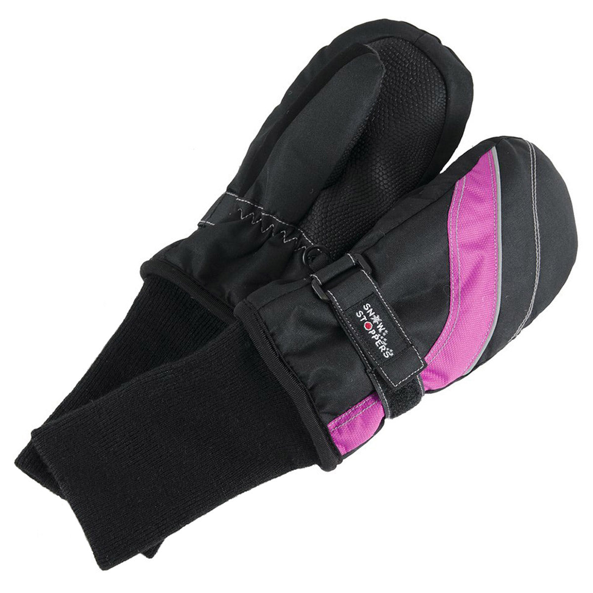 A pair of Snowstoppers SNOWSTOPPERS SKI MITTEN BLACK/FUSCHIA - KIDS with adjustable wrist straps and black knit cuffs.