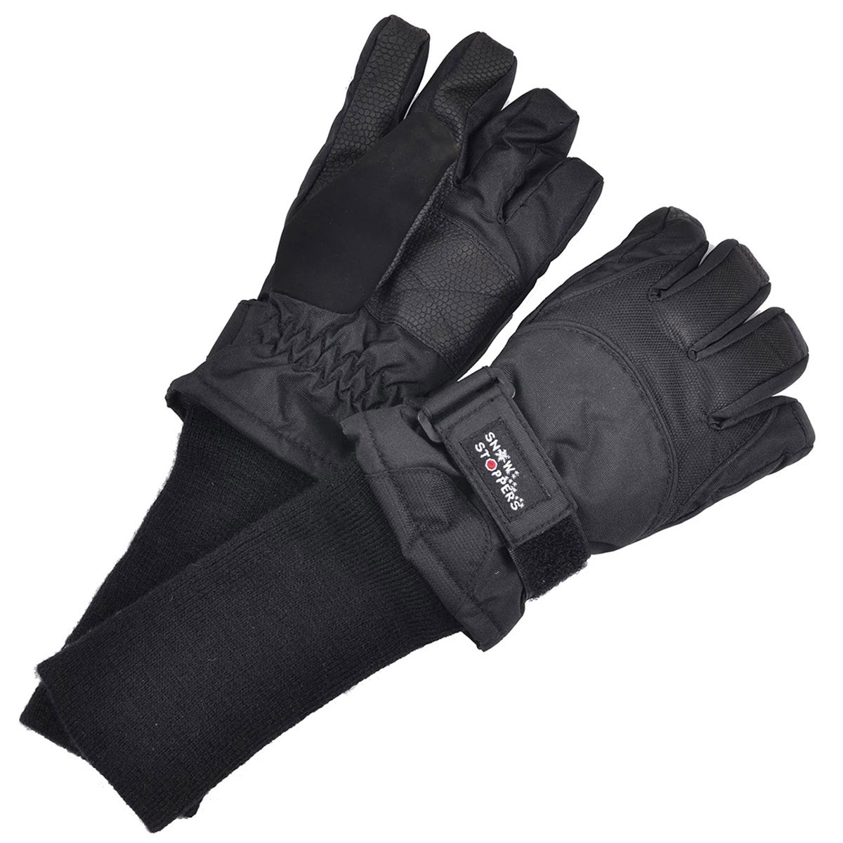 A pair of black winter gloves with long cuffs and adjustable straps, designed for cold weather protection. These Snowstoppers SNOWSTOPPERS KIDS GLOVE BLACK feature Thinsulate Insulation for added warmth.