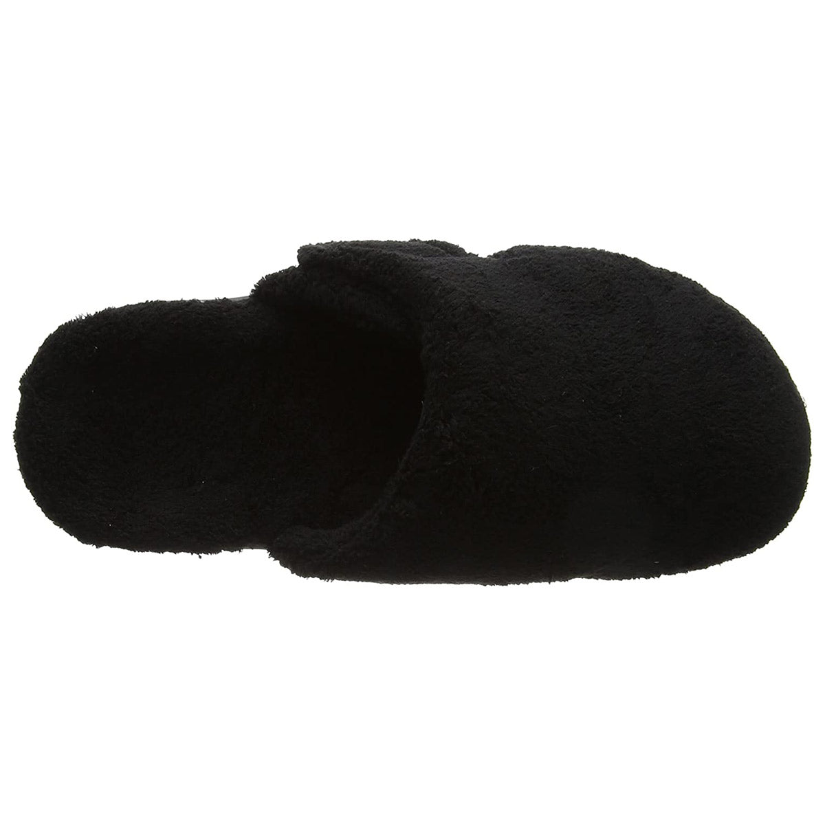 A black, fluffy Vionic women&#39;s slipper without a heel, viewed from above, offering excellent arch support. The product is named VIONIC GEMMA BLACK - WOMENS.