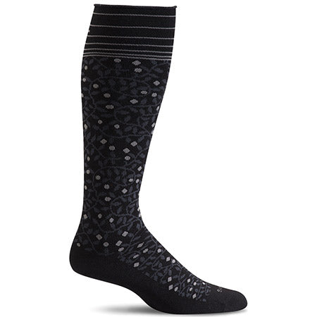 A single SOCKWELL NEW LEAF BLACK 20 30MMHG WOMENS SOCK in black, featuring a gray patterned design and horizontal stripes near the top, made from soft merino wool by Sockwell.