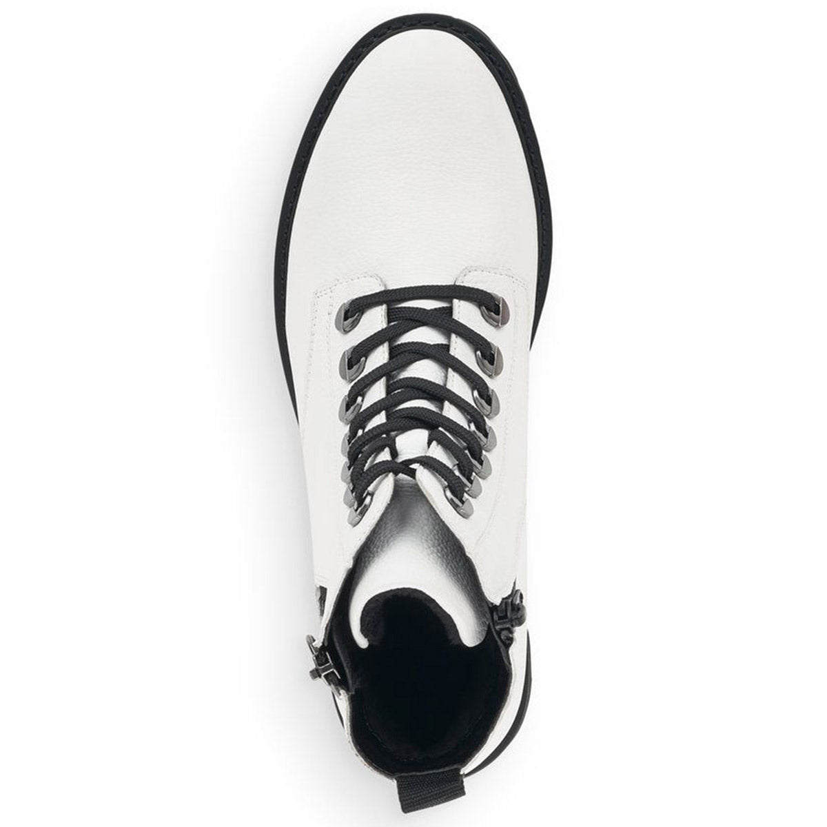 Top view of the REMONTE D8671 Boot White for women by Remonte, featuring black laces, a black sole, and a synthetic upper.