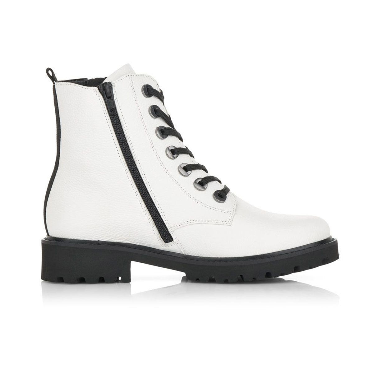 Introducing the REMONTE D8671 BOOT WHITE - WOMENS by Remonte: a stylish white lace-up ankle boot, elegantly designed with a side zipper, black sole, and flat heel, displayed against a white background. These women&#39;s boots feature a sleek synthetic upper that perfectly blends style and comfort.