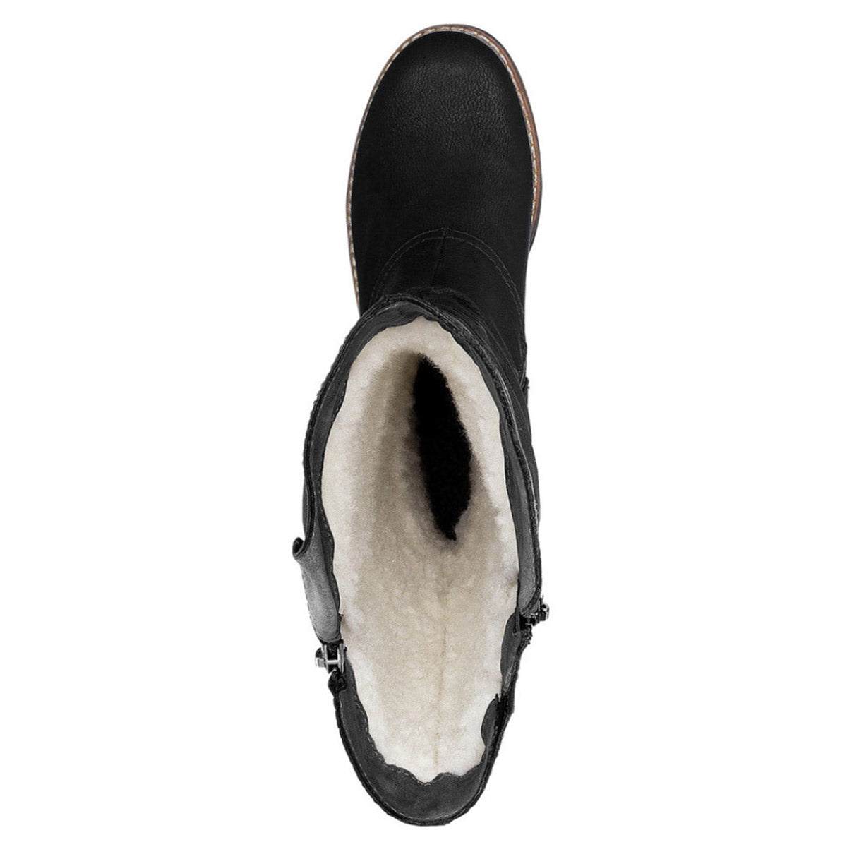 Top view of a black RIEKER FABRIZIA 52 BLACK - WOMENS winter boot with a faux fur lining, illustrating the opening and interior texture, featuring a cushioned footbed and water-resistant design from Rieker.
