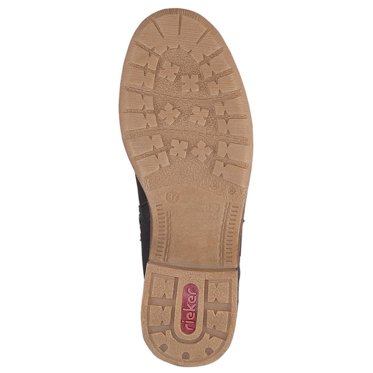 Tan sole of a Rieker RIEKER FABRIZIA 52 BLACK - WOMENS shoe featuring a tread pattern with circular and cross-shaped indentations, red logo branding near the heel, and a cushioned footbed for enhanced comfort.