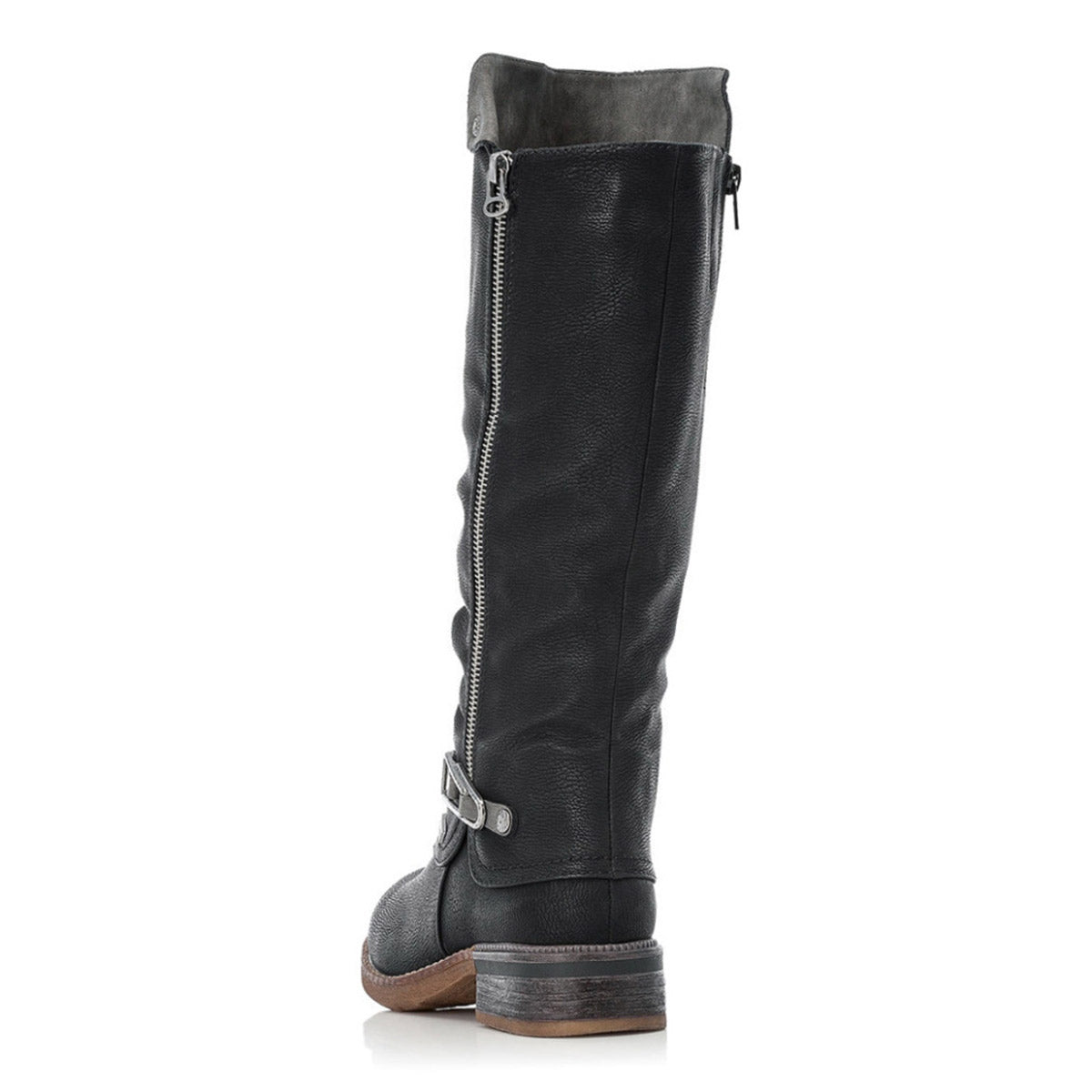 A single RIEKER FABRIZIA 52 BLACK - WOMENS knee-high boot with a side zipper and a buckle at the ankle, featuring a cushioned footbed for added comfort, viewed from the back.