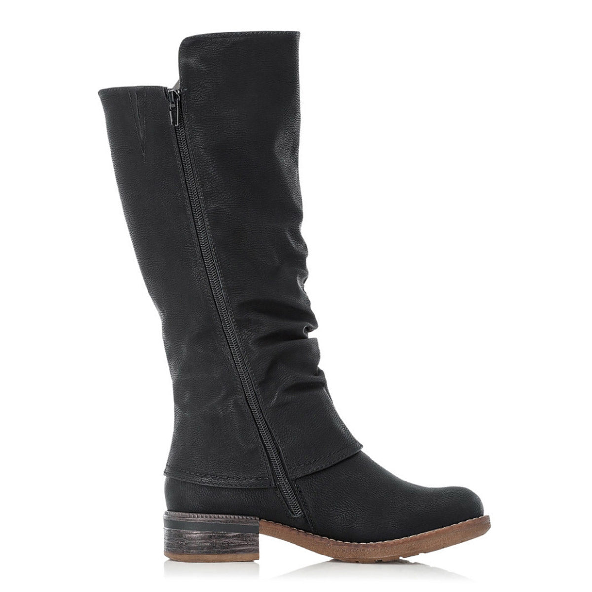 A black knee-high boot with a low wooden heel, side zipper, and slightly textured material, featuring a cushioned footbed for added comfort. The RIEKER FABRIZIA 52 BLACK - WOMENS is displayed on a white background.