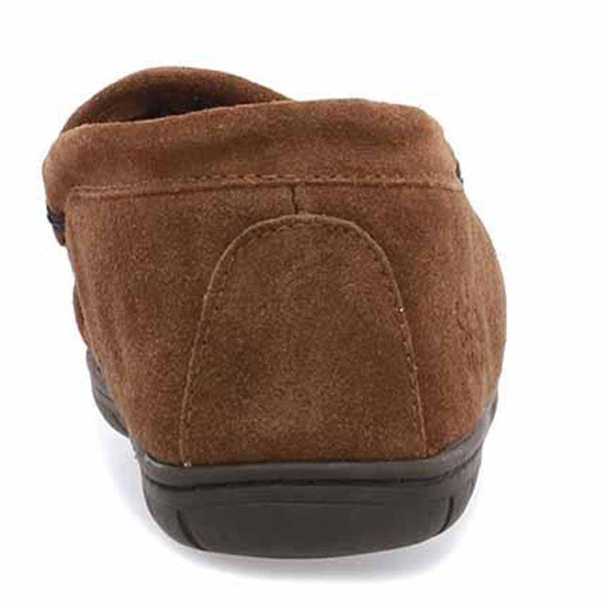 Rear view of a brown STAHEEKUM TRAPPER FLANNEL - MENS moc slip-on cow suede shoe by Staheekum with a dark sole, featuring a closed back and visible stitching details.