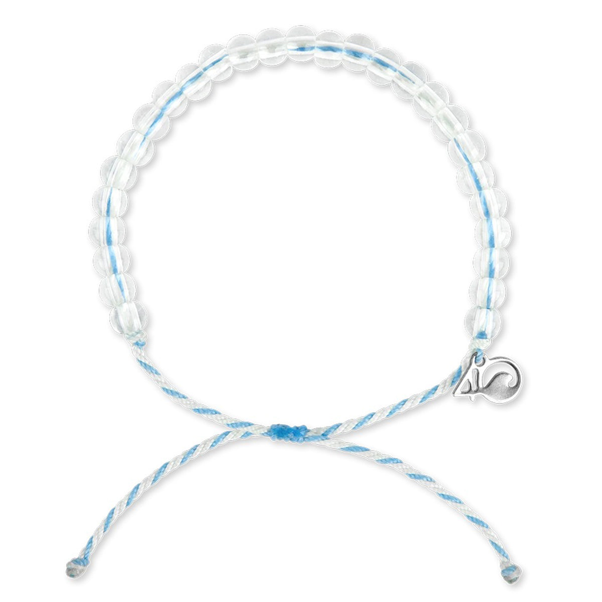 A beaded bracelet with clear beads and a braided blue and white cord, made from recycled materials. It features a small metallic charm in the shape of a whale, inspired by the 4Ocean 4OCEAN BRACELET BELUGA WHALE.