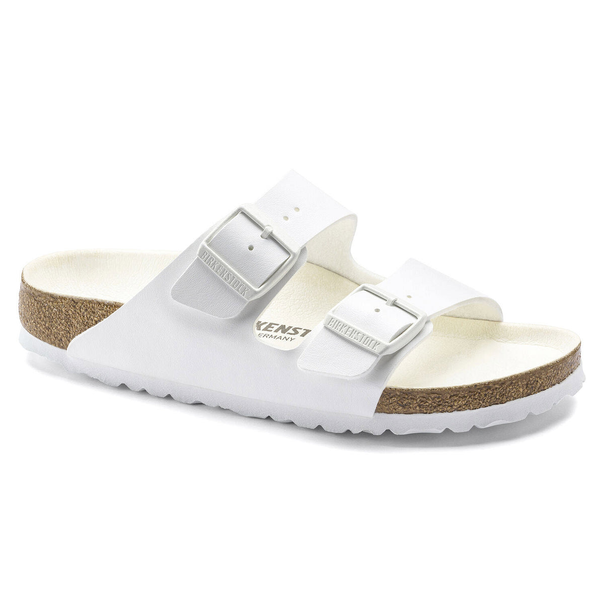 A Birkenstock BIRKENSTOCK ARIZONA WHITE BIRKOFLOR - WOMENS sandal featuring a two-strap design with adjustable buckles, an anatomically shaped cork footbed, and a textured white sole.