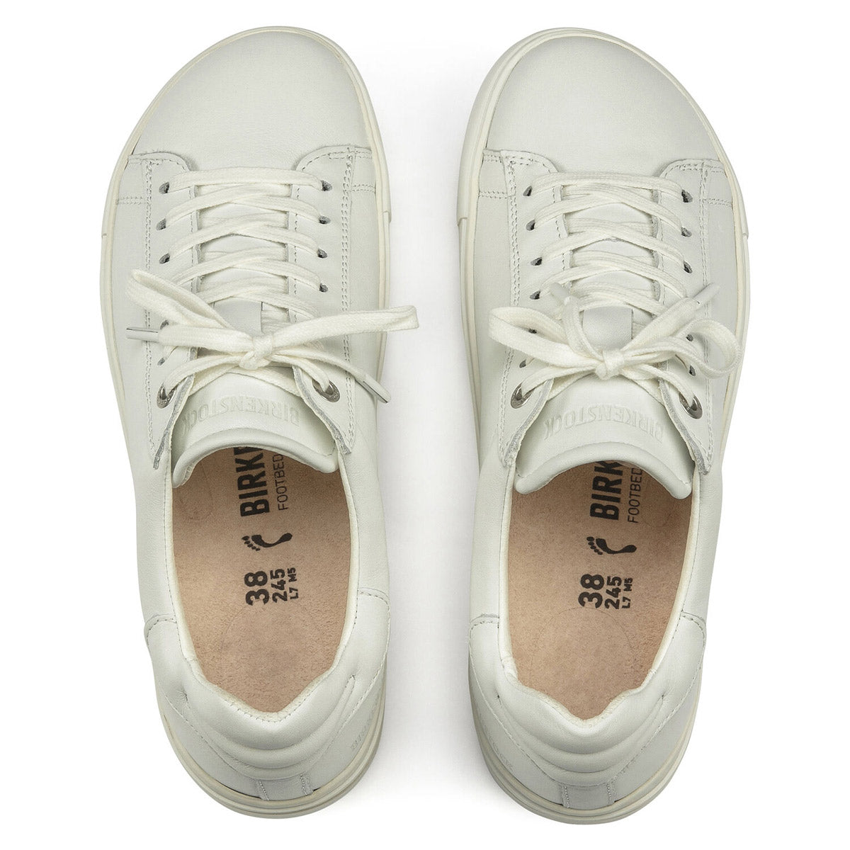 A pair of Birkenstock BIRKENSTOCK BEND WHITE LEATHER - WOMENS sneakers with laces, viewed from above. The leather insoles are beige and marked with the brand and size information.